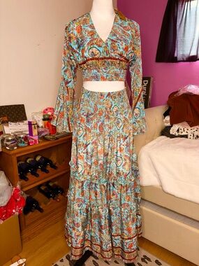 Rhea Bohemian Turquoise Floral Maxi Skirt Set